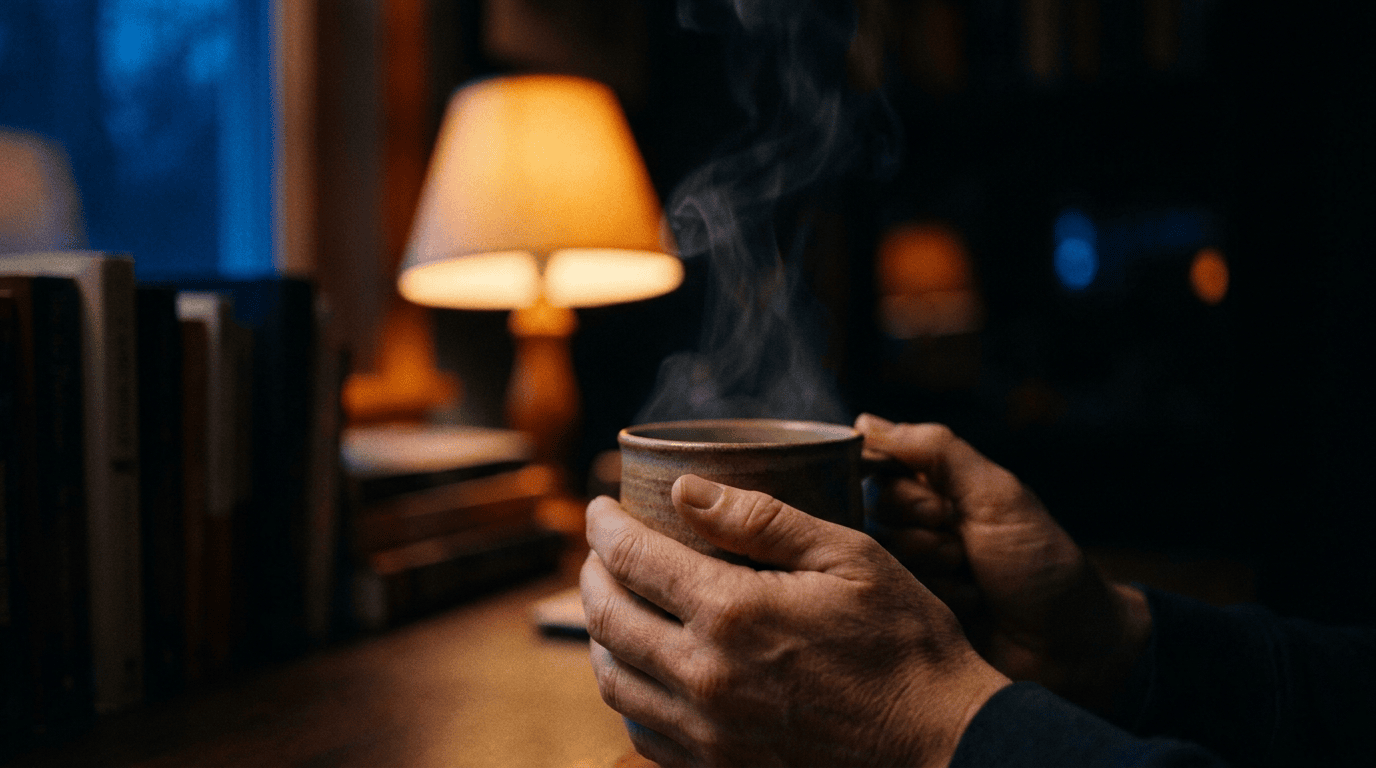 Hands cradling a warm ceramic mug at a dim desk at dusk, steam rising into cobalt window light with an ember desk lamp behind