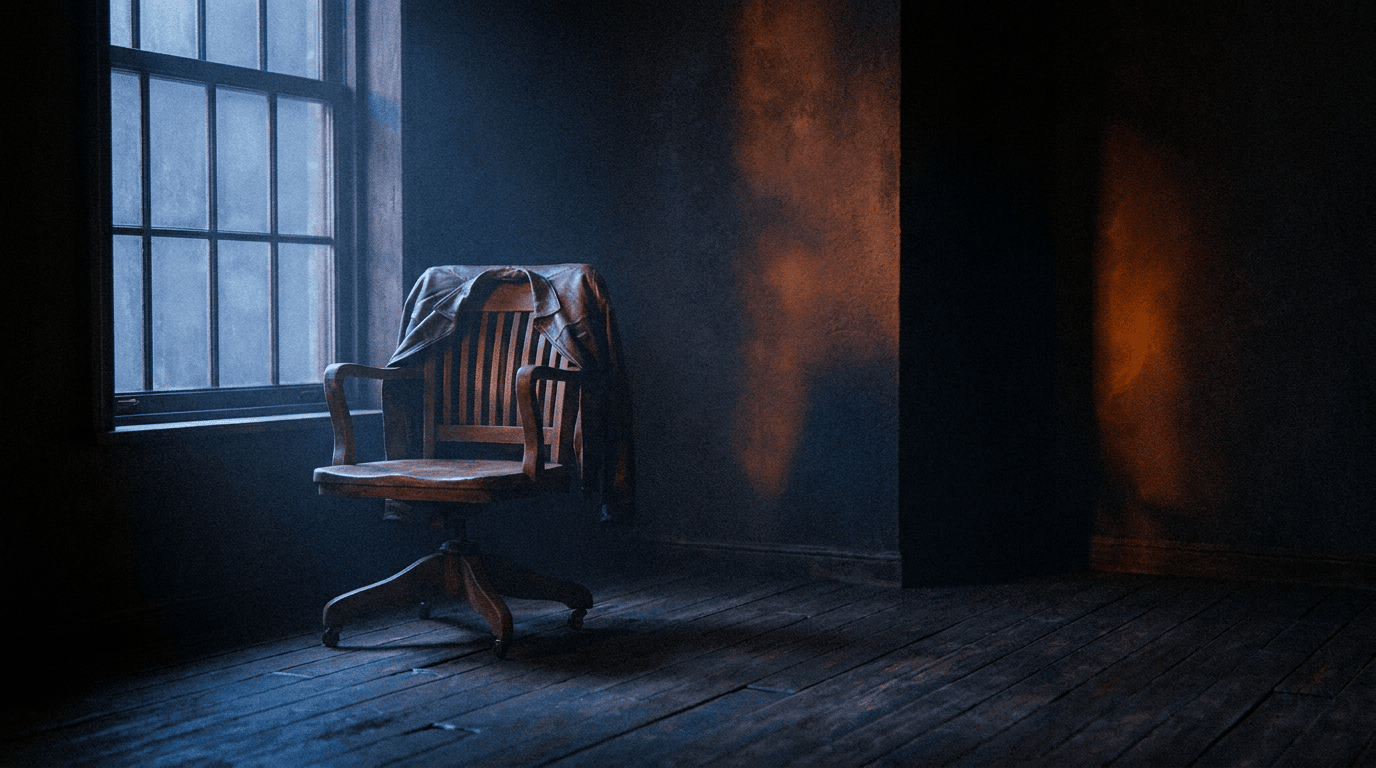 Empty wooden office chair beside a softly lit window, folded jacket over the back, cobalt daylight and warm ember reflection
