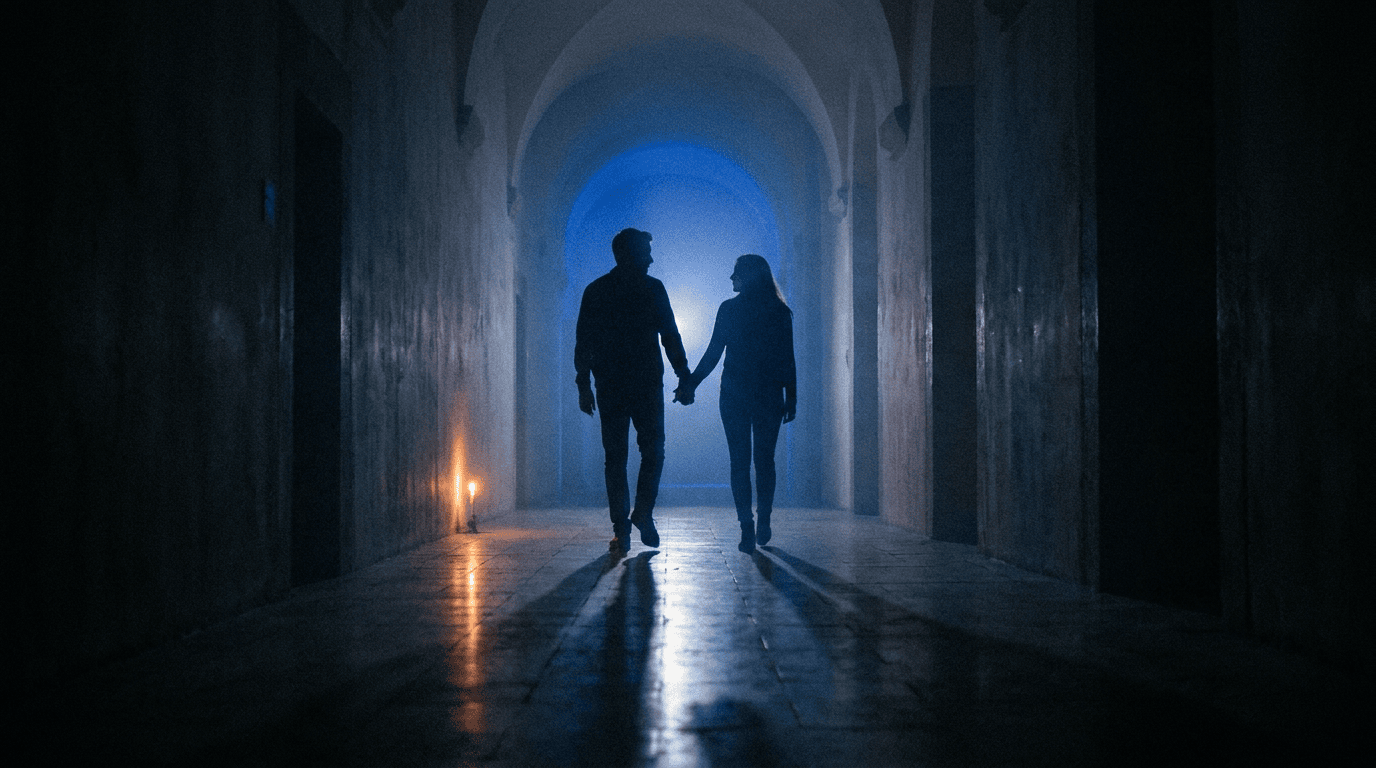 Silhouettes of two people walking side by side down a long corridor toward a soft cobalt light, one glancing back in quiet support