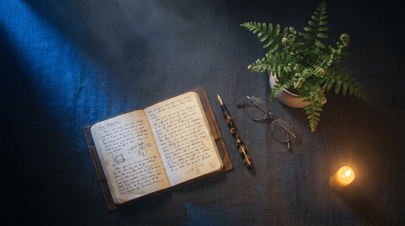 Top-down still life of an open leather notebook, fountain pen, glasses and a small fern on dark linen, cobalt window light, ember candle