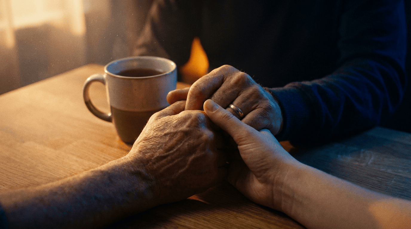 Two hands clasped across a kitchen table at golden hour beside a half-full mug of tea, warm ember window light meeting cool cobalt shadow