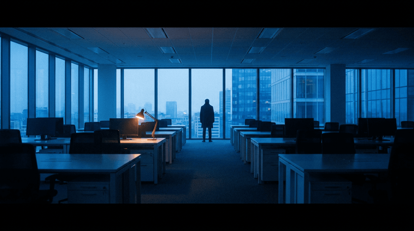 Quiet modern office at dawn with rows of empty desks and one figure by floor-to-ceiling windows, cobalt morning light and a single ember lamp