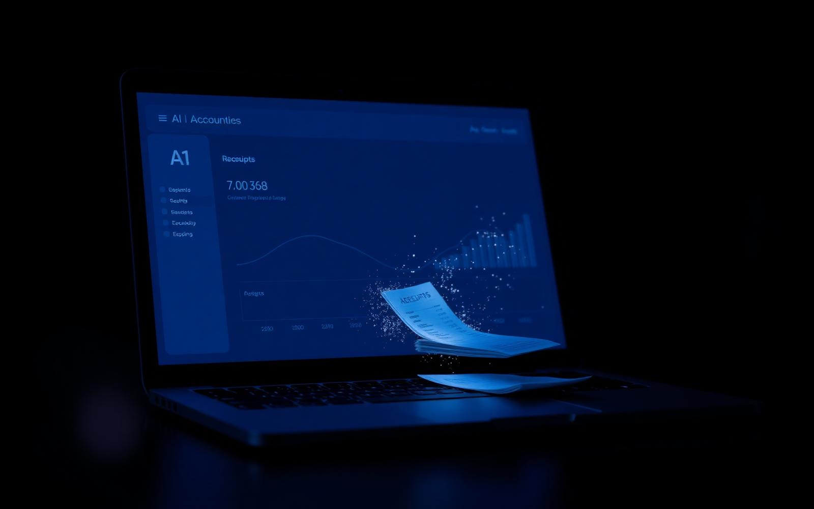 AI accounting software dashboard glowing on a laptop screen in a dark cobalt-lit office, with a stack of receipts dissolving into light