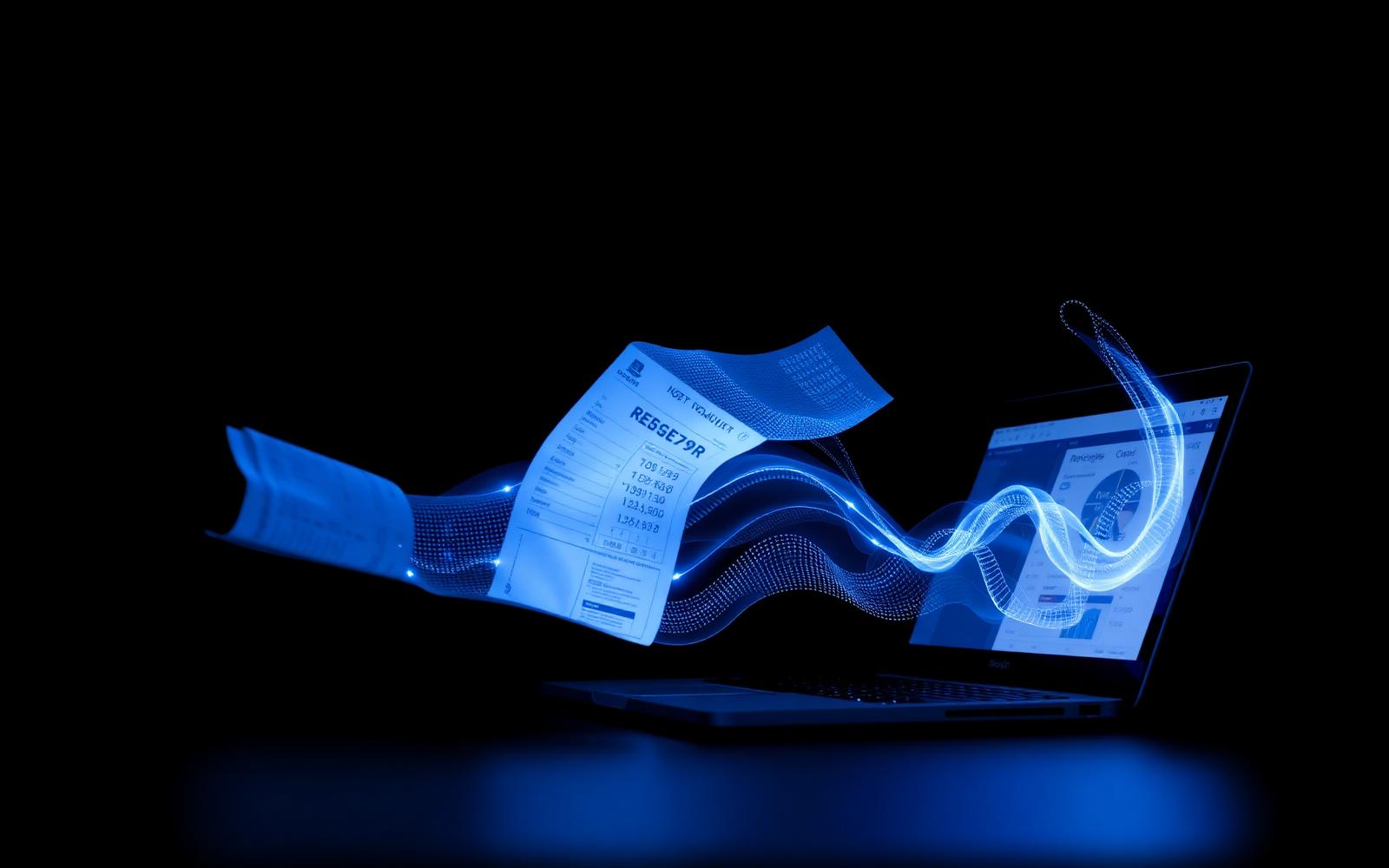Cobalt-lit receipt streaming into a laptop as glowing data, AI bookkeeping automation