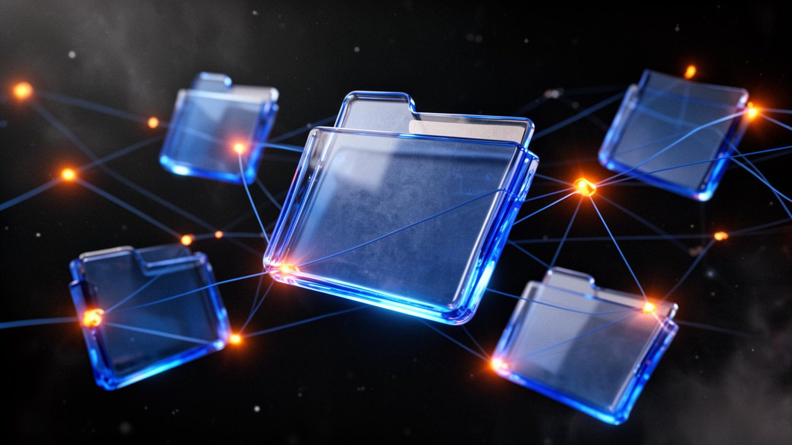 Cinematic 3D render of translucent cobalt-blue glass case-file folders floating in a network, connected by glowing threads with ember orange node pulses