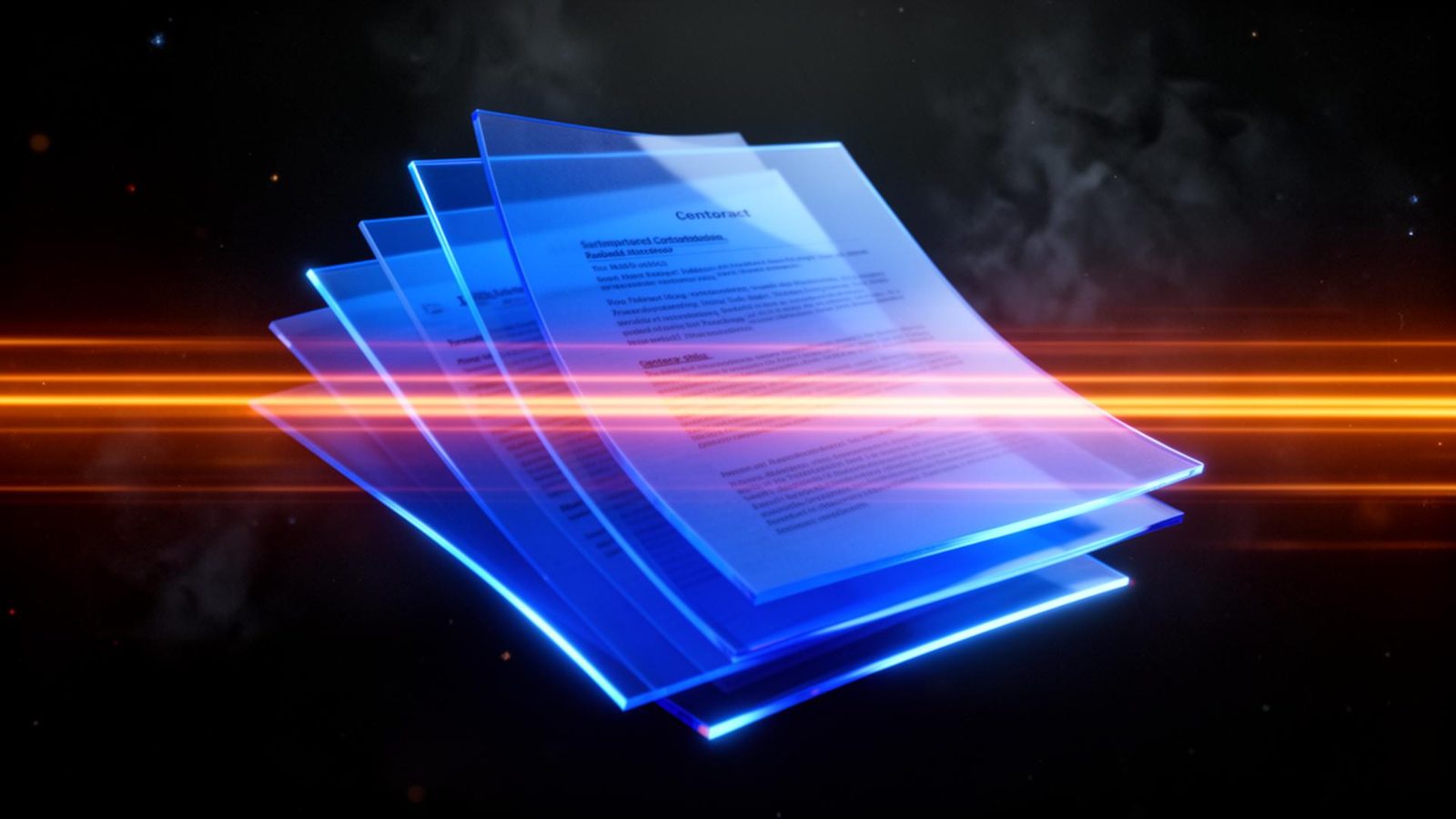 Cinematic 3D render of layered translucent cobalt-blue contract sheets scanned by bright ember orange horizontal highlight beams