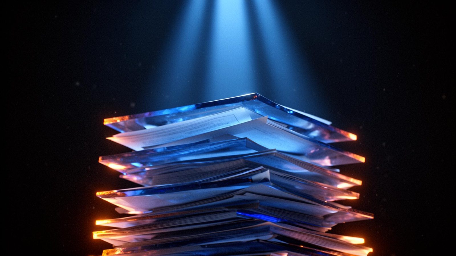 Cinematic 3D render of a towering stack of translucent cobalt-blue documents lit from above by a cobalt light shaft, with ember orange edge glow