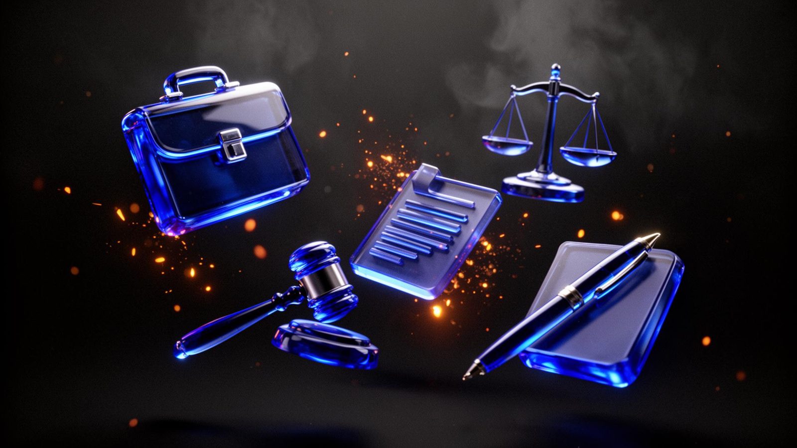 Cinematic 3D render of polished cobalt-blue glass legal tools floating in dark space: briefcase, gavel, scales of justice and document, with ember orange sparks