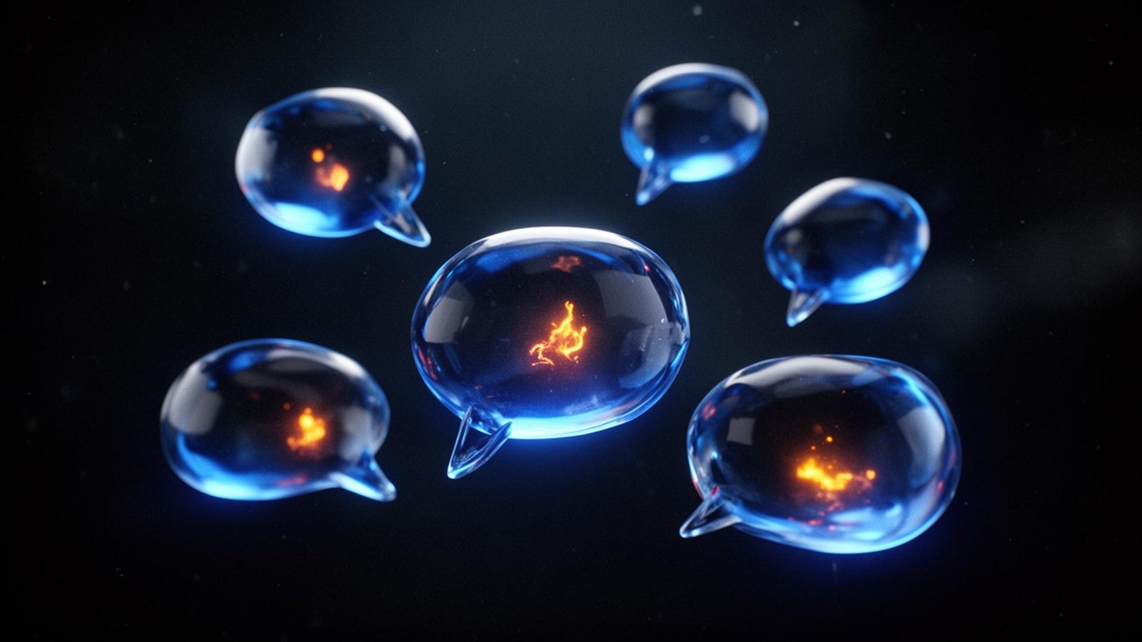 Cinematic 3D render of glowing translucent cobalt-blue chat bubbles suspended in dark space with ember orange light cores inside