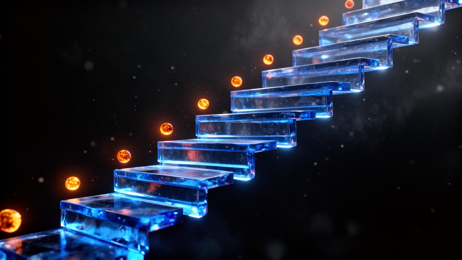 Cinematic 3D render of translucent cobalt-blue glass staircase ascending into darkness with glowing ember orange milestone orbs floating beside each step