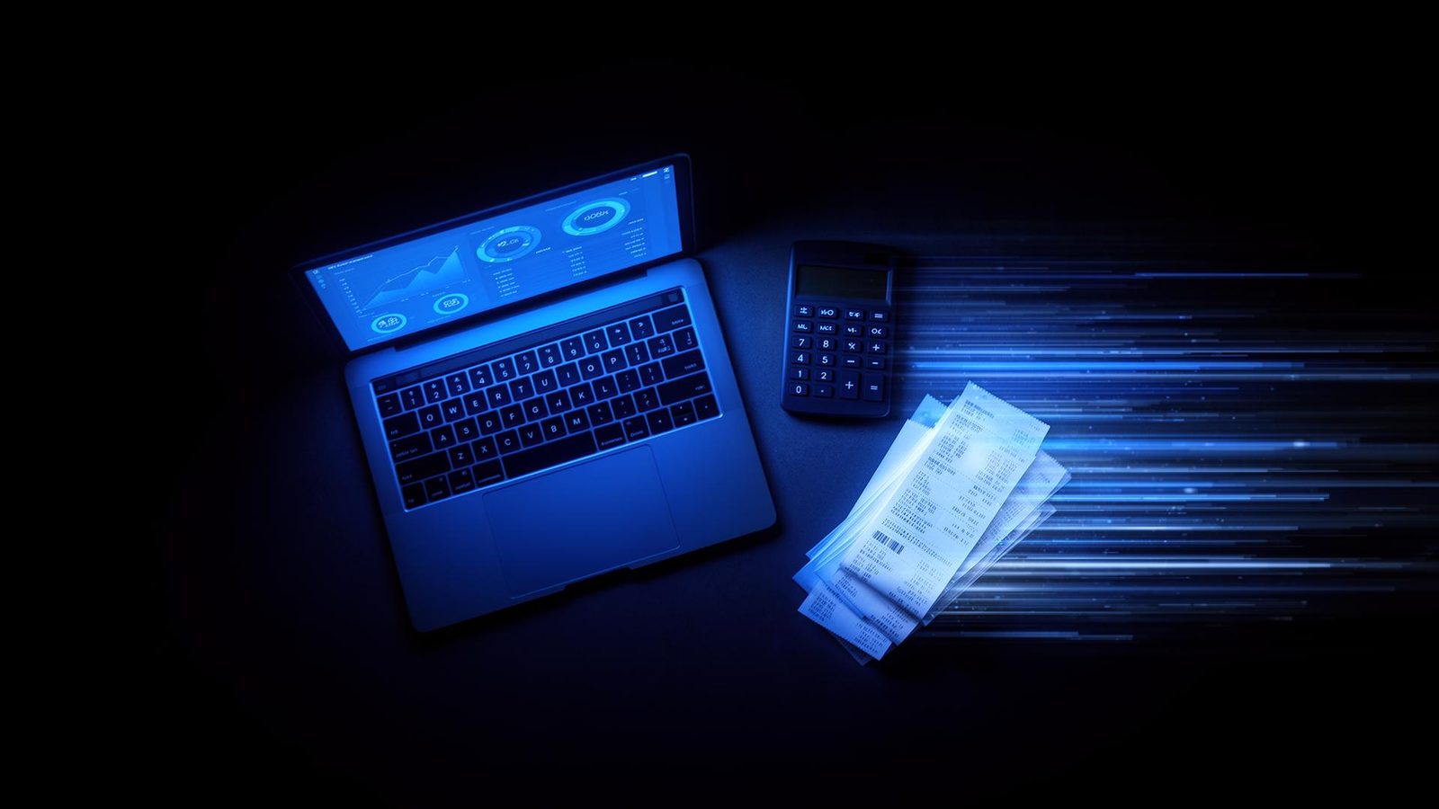 Accountant's desk lit in cobalt blue, laptop showing a dashboard next to a calculator and receipts dissolving into streaks of light
