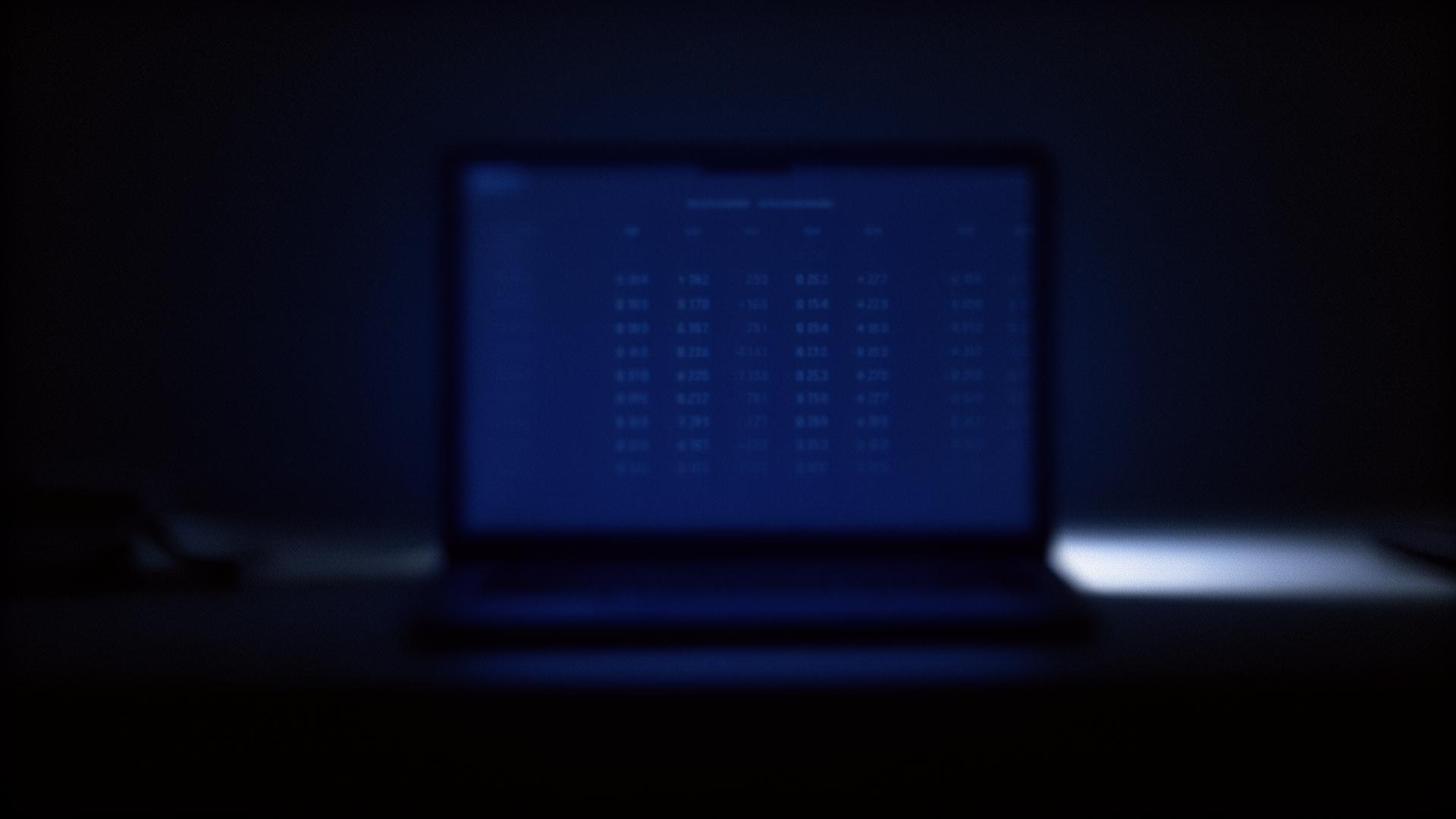 Accountant reviewing AI-generated financial report on a softly lit screen in a dark cobalt-toned office