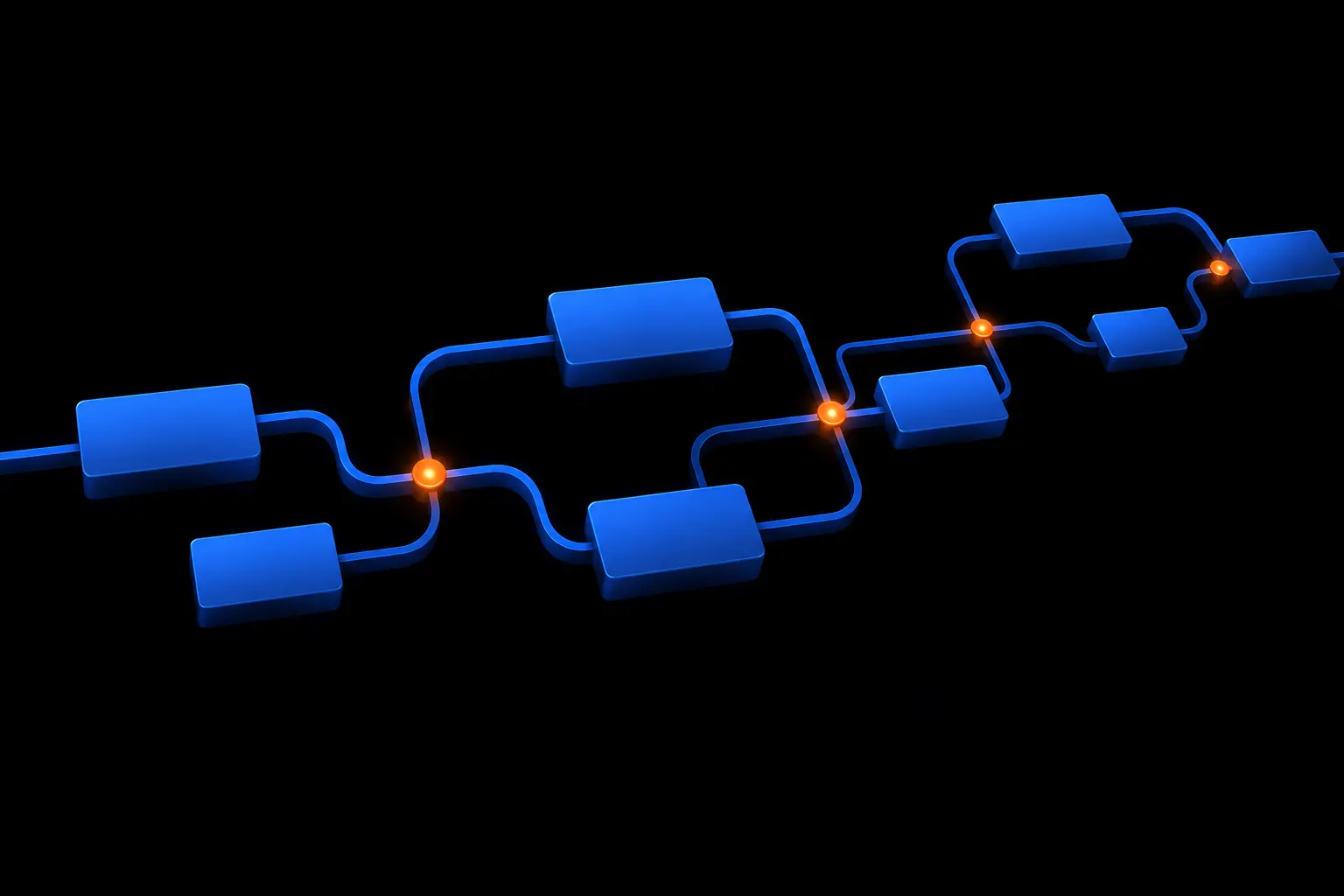 Cobalt blue interconnected project timeline blocks with ember orange milestone markers on a dark background, abstract AI project management illustration