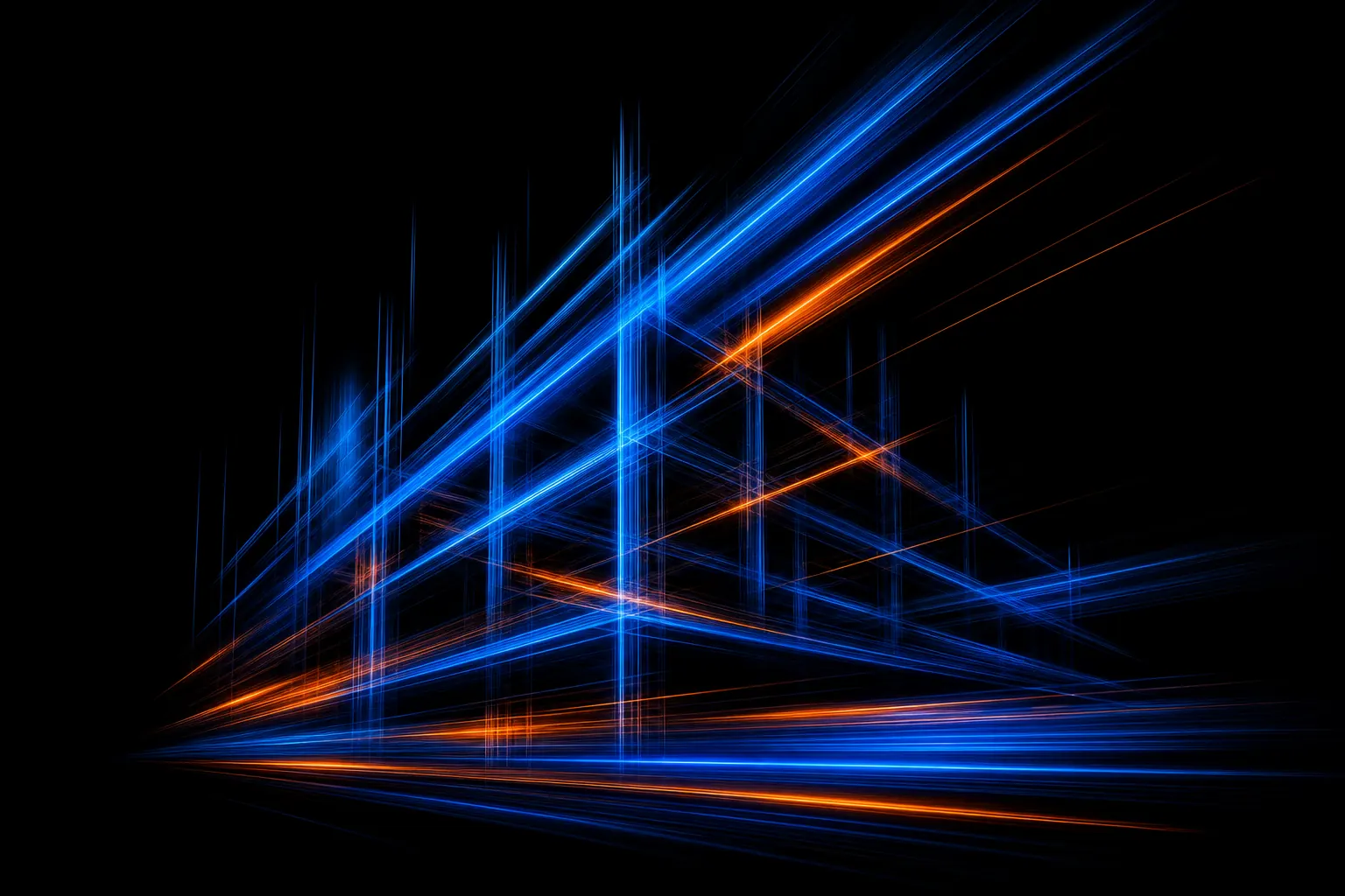 Cobalt blue and ember orange light streaks converging over a dark architectural grid, abstract AI construction illustration