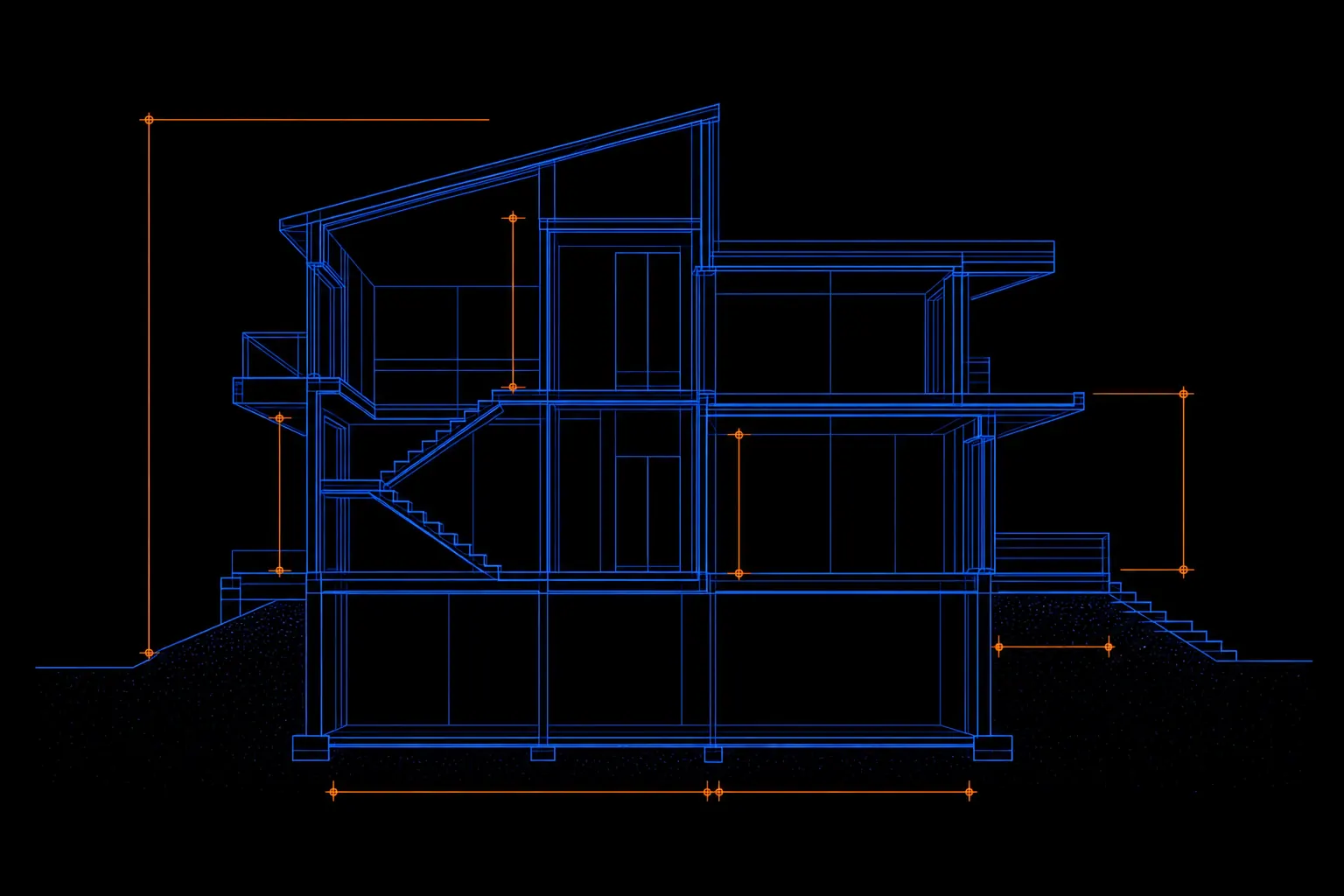 Cobalt blue geometric building cross-section with ember orange measurement markers on a dark background, abstract AI quantity surveying illustration