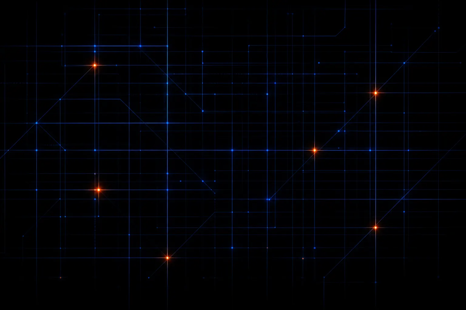 Cobalt blue surveillance grid overlay with ember orange alert nodes on a dark background, abstract AI site safety monitoring illustration