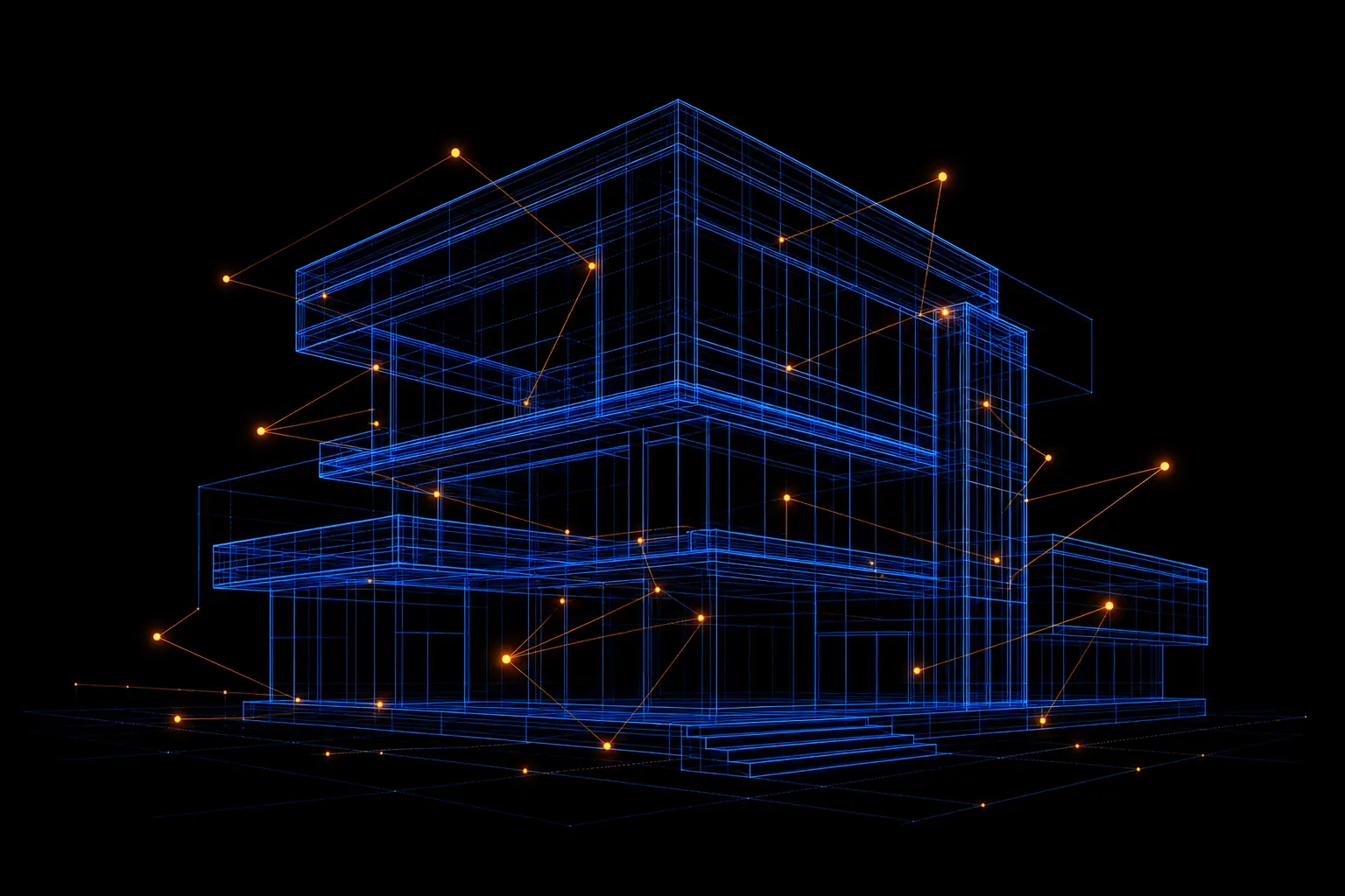 Cobalt blue wireframe building model with ember orange data connection nodes on a dark background, abstract BIM and AI illustration