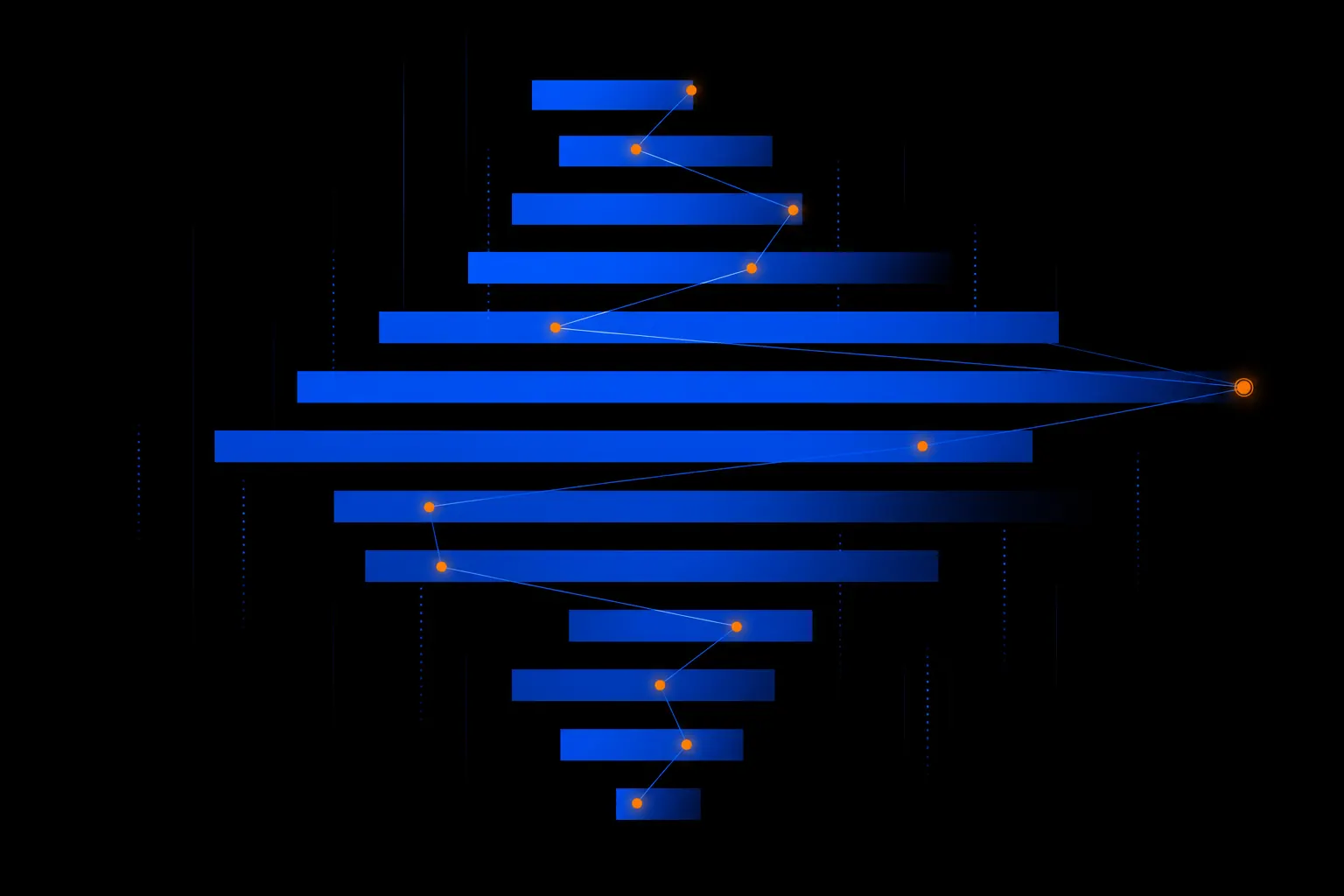 Cobalt blue stacked bar chart blocks with ember orange data points on a dark grid, abstract construction cost estimating illustration