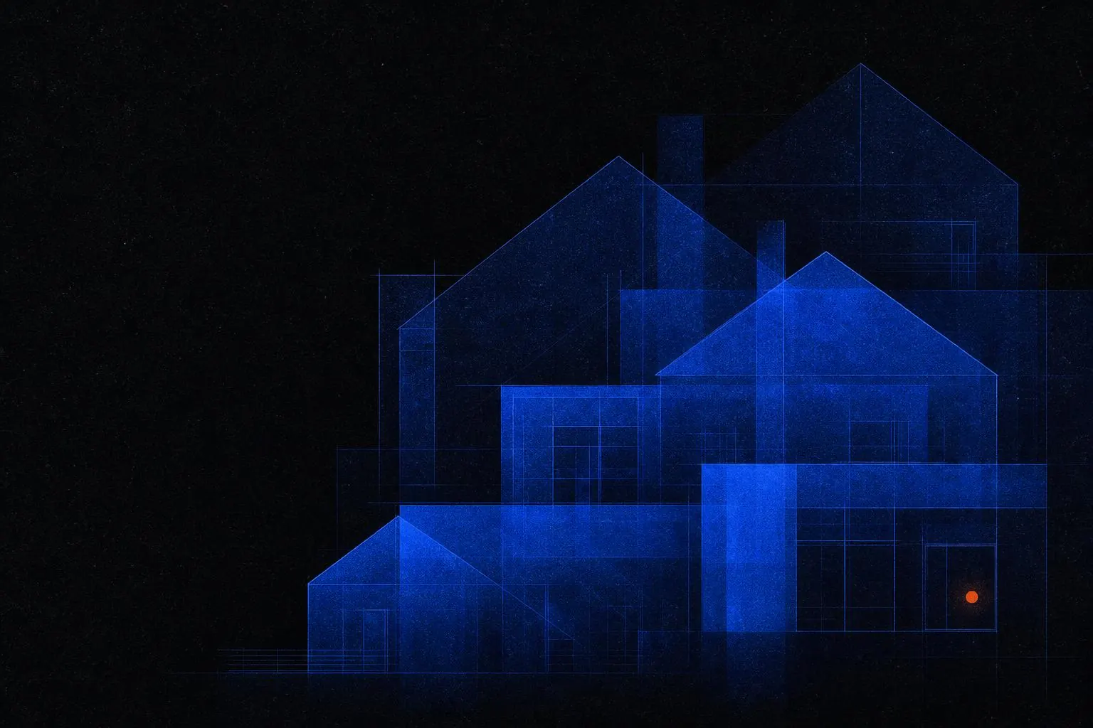 Cobalt blue property silhouettes with ember orange accent lines, abstract estate agents illustration