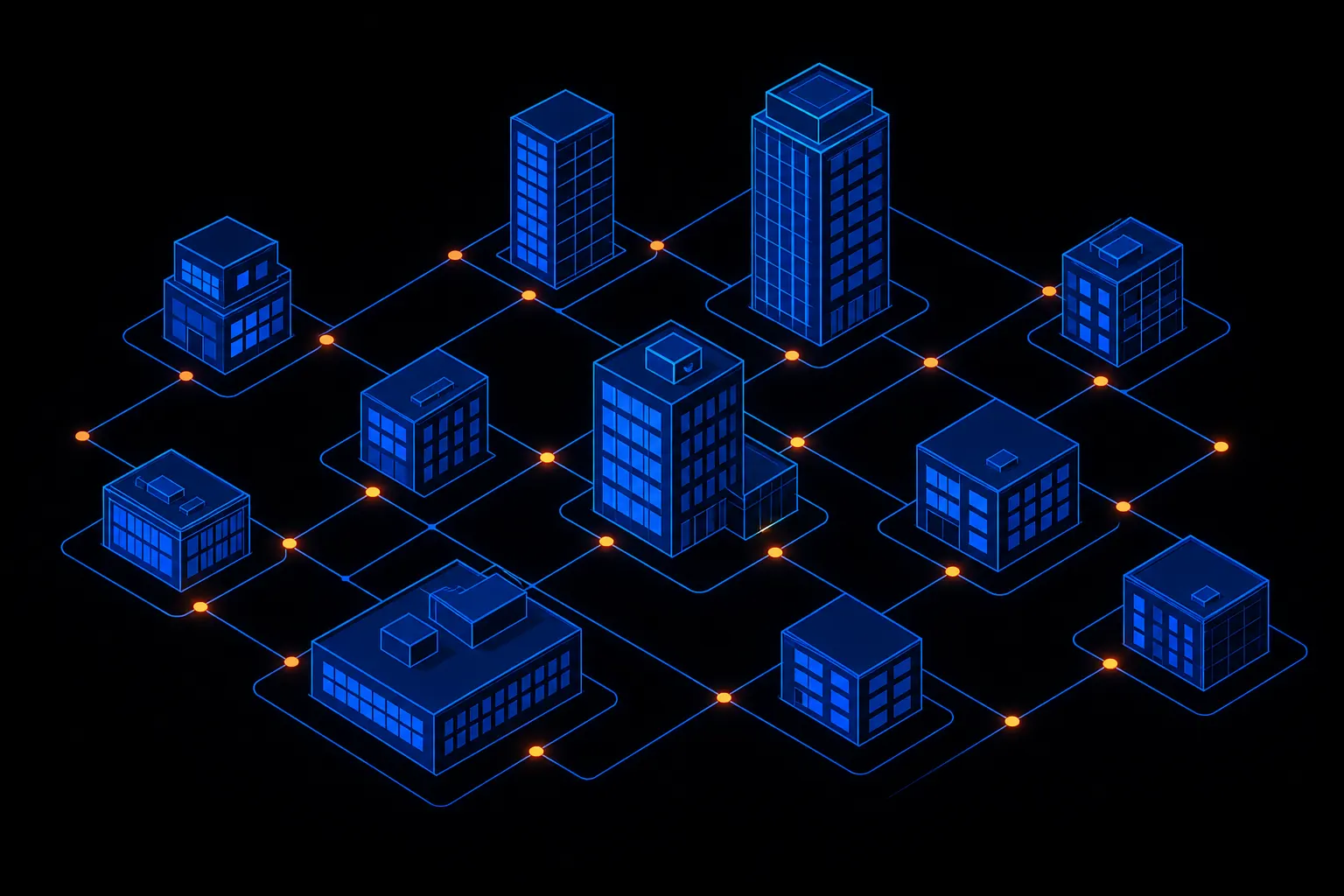 Cobalt blue building grid with ember orange connection nodes, abstract property management illustration