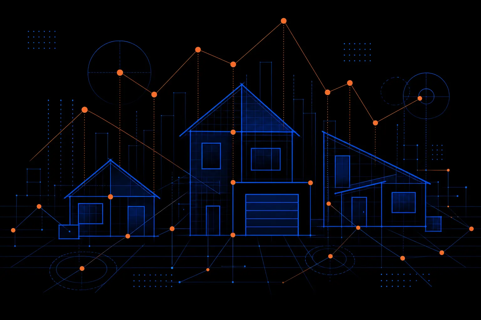 Cobalt blue house outline with ember orange data points, abstract property valuation illustration