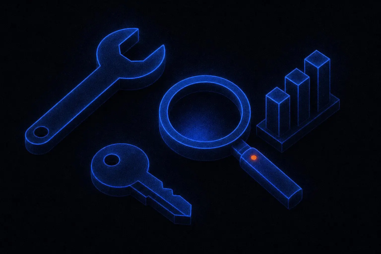Cobalt blue tool icons with ember orange accent dots, abstract estate agent technology illustration