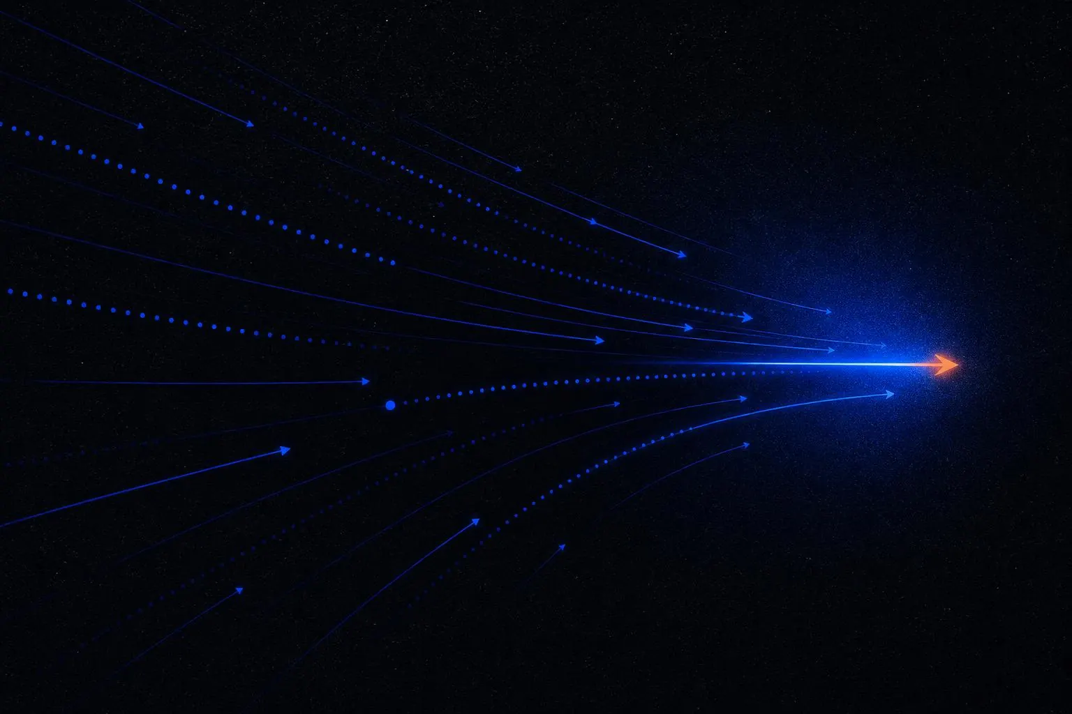 Cobalt blue arrows and paths with ember orange accent points, abstract digital transformation illustration