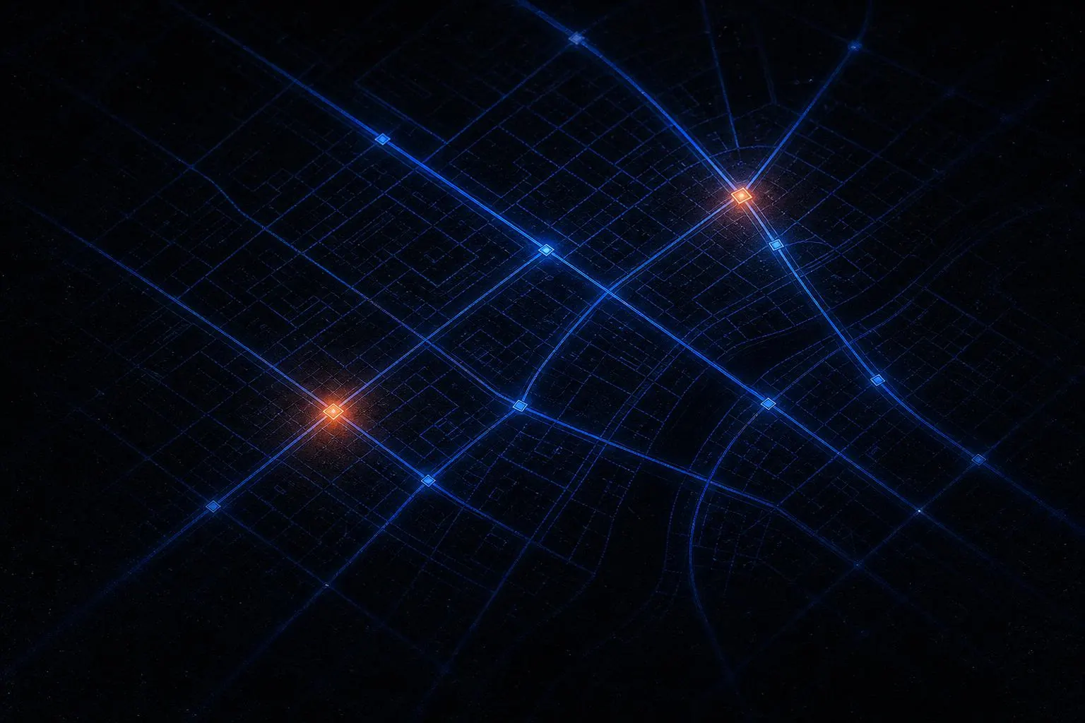 Cobalt blue circuit board pattern with ember orange nodes, abstract property technology illustration