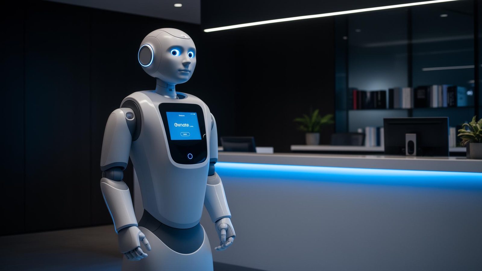 Commercial humanoid robot in a modern business reception area