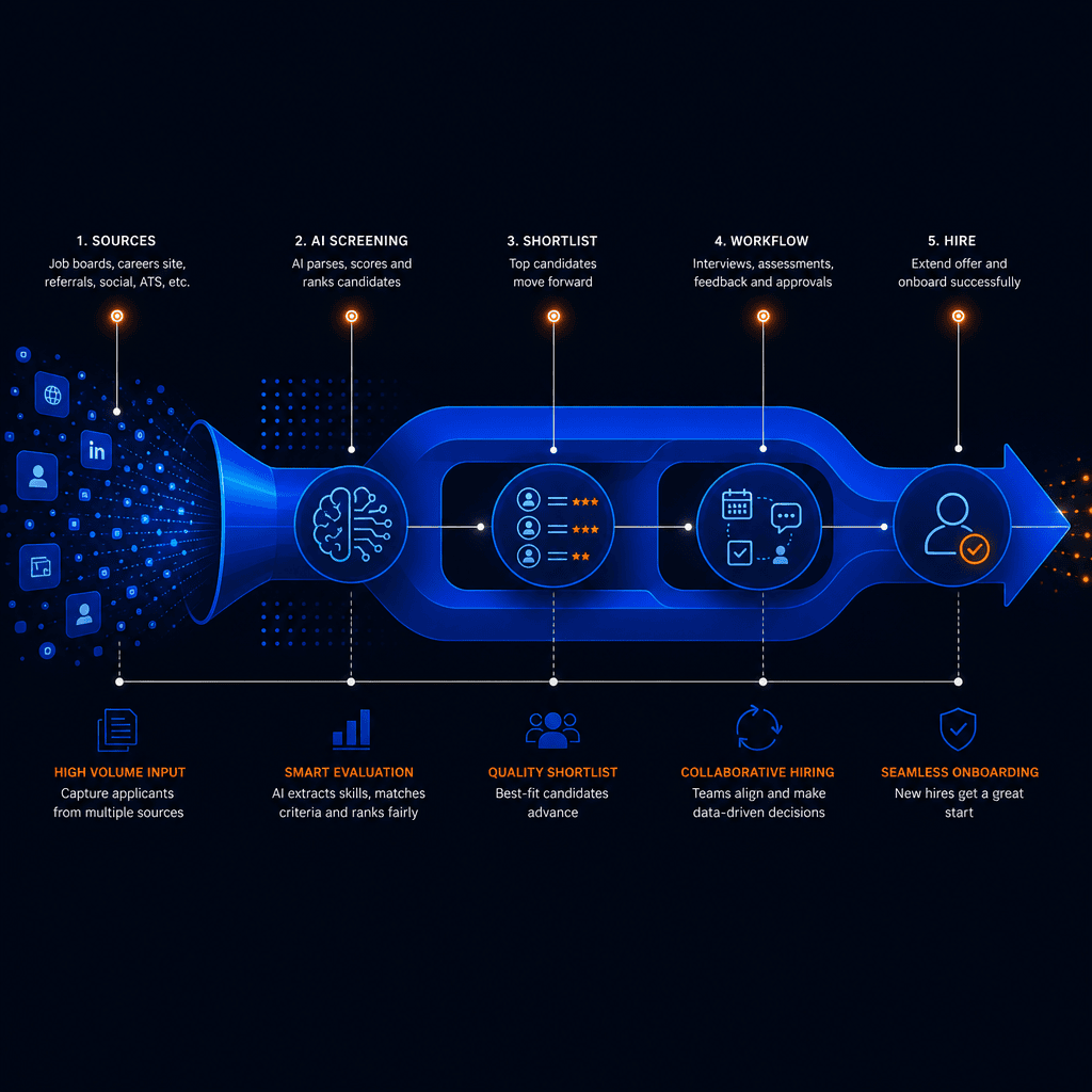 Cobalt blue pipeline shapes with ember orange data points on dark background, abstract applicant tracking system illustration