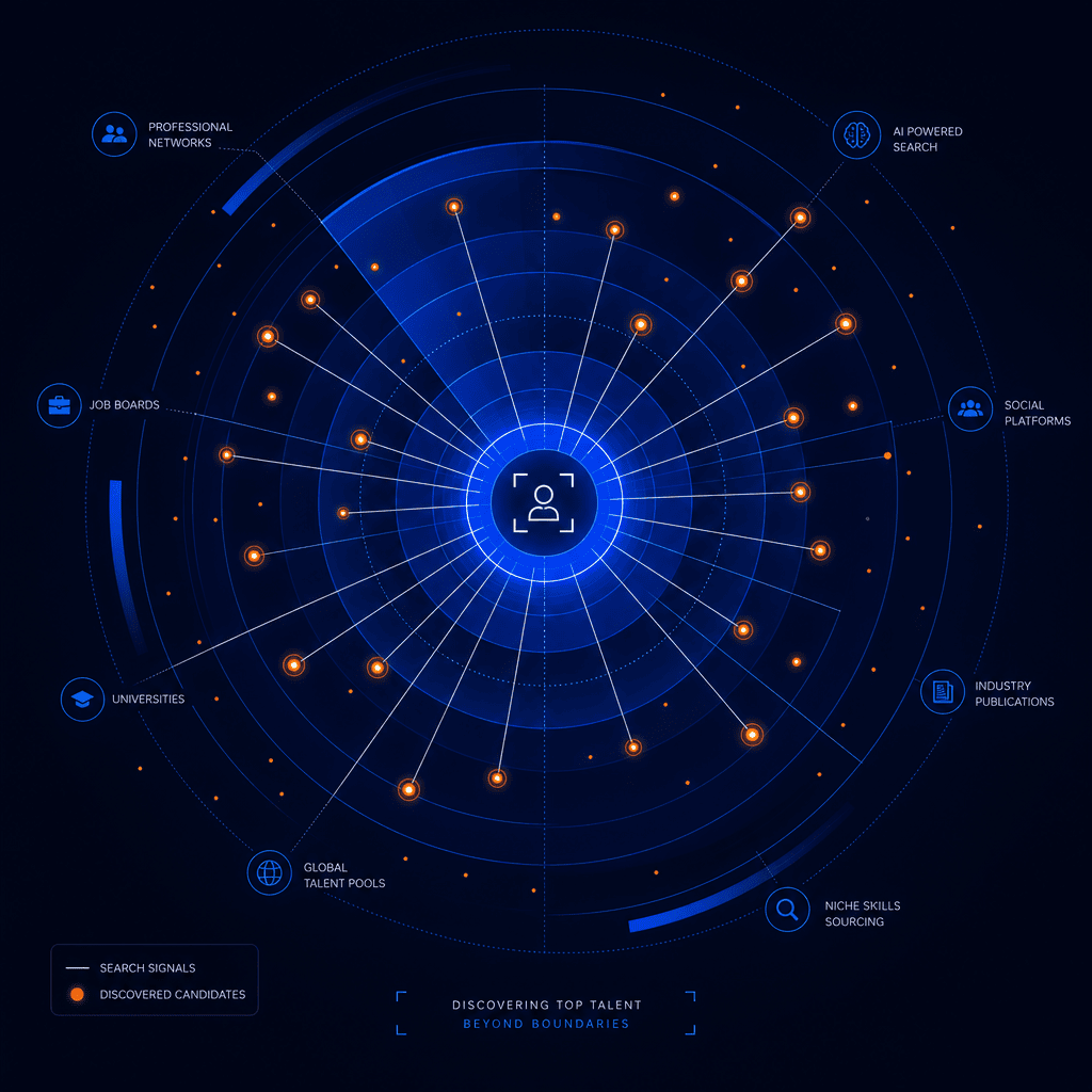 Cobalt blue radar shapes with ember orange candidate dots on dark background, abstract AI candidate sourcing illustration