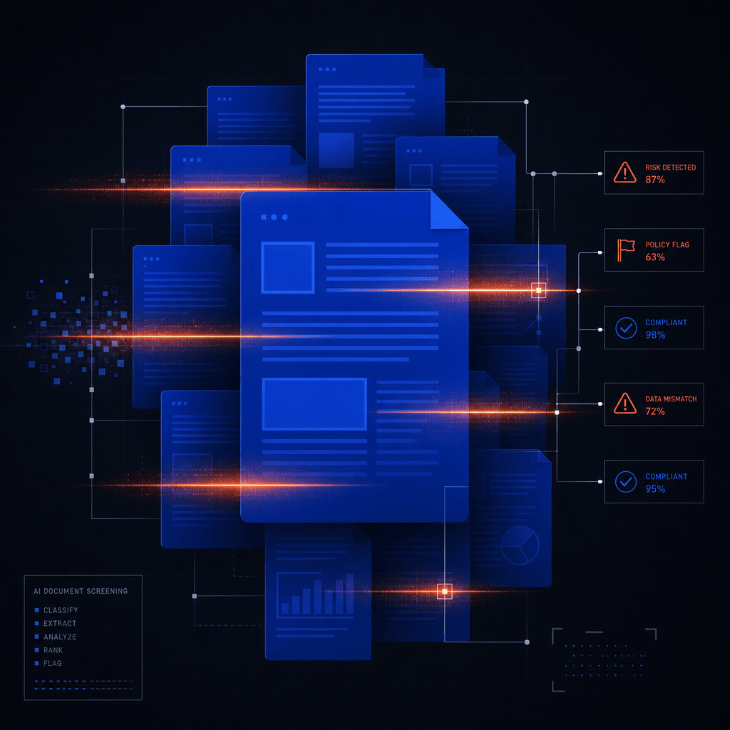 Cobalt blue document shapes with ember orange scanning lines on dark background, abstract AI CV screening illustration