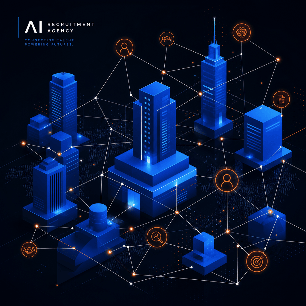 Cobalt blue building shapes with ember orange network nodes on dark background, abstract AI recruitment agency illustration