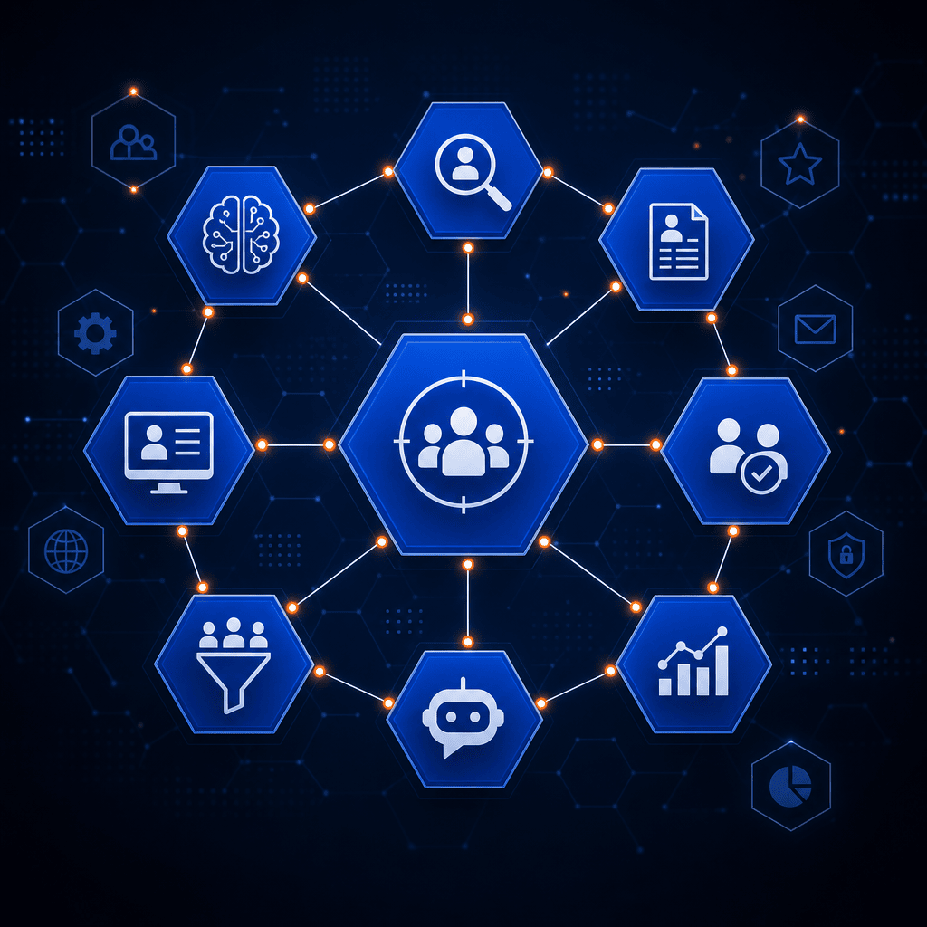 Cobalt blue hexagonal shapes with ember orange accent dots on dark background, abstract AI recruiting tools illustration
