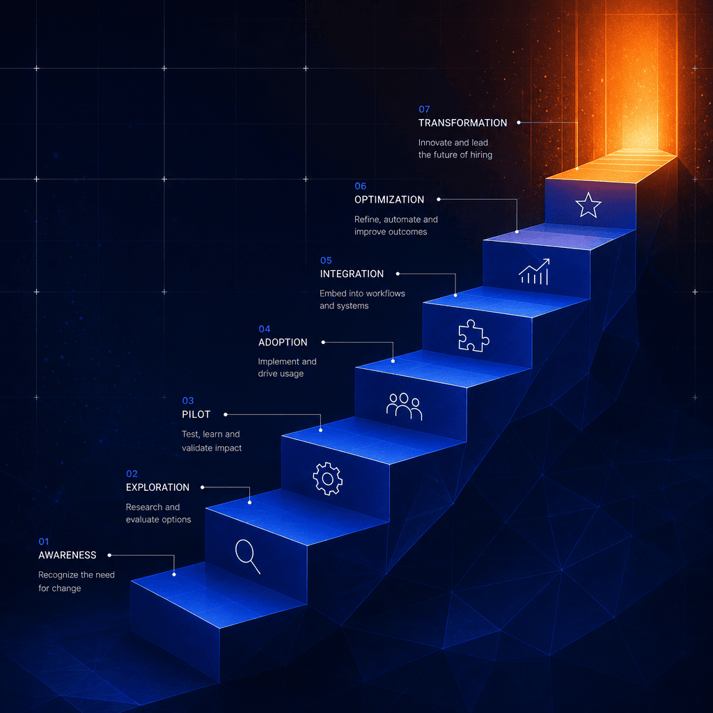 Cobalt blue staircase shapes with ember orange light on dark background, abstract recruitment technology adoption illustration